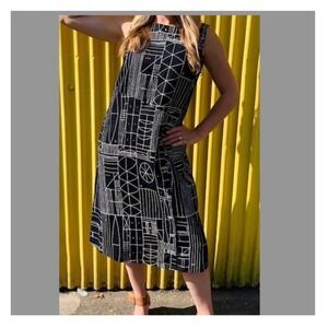 Habitat Clothes To Live In Linen Cotton Geometric Print Midi Dress Black White S